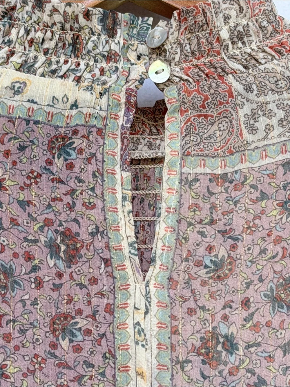 Living Doll LA Patchwork Smocked Mock Neck Blouse - Size Small